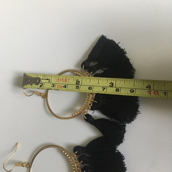 Black and Gold Fan Shaped Tasseled Earrings - Picture 8 of 9